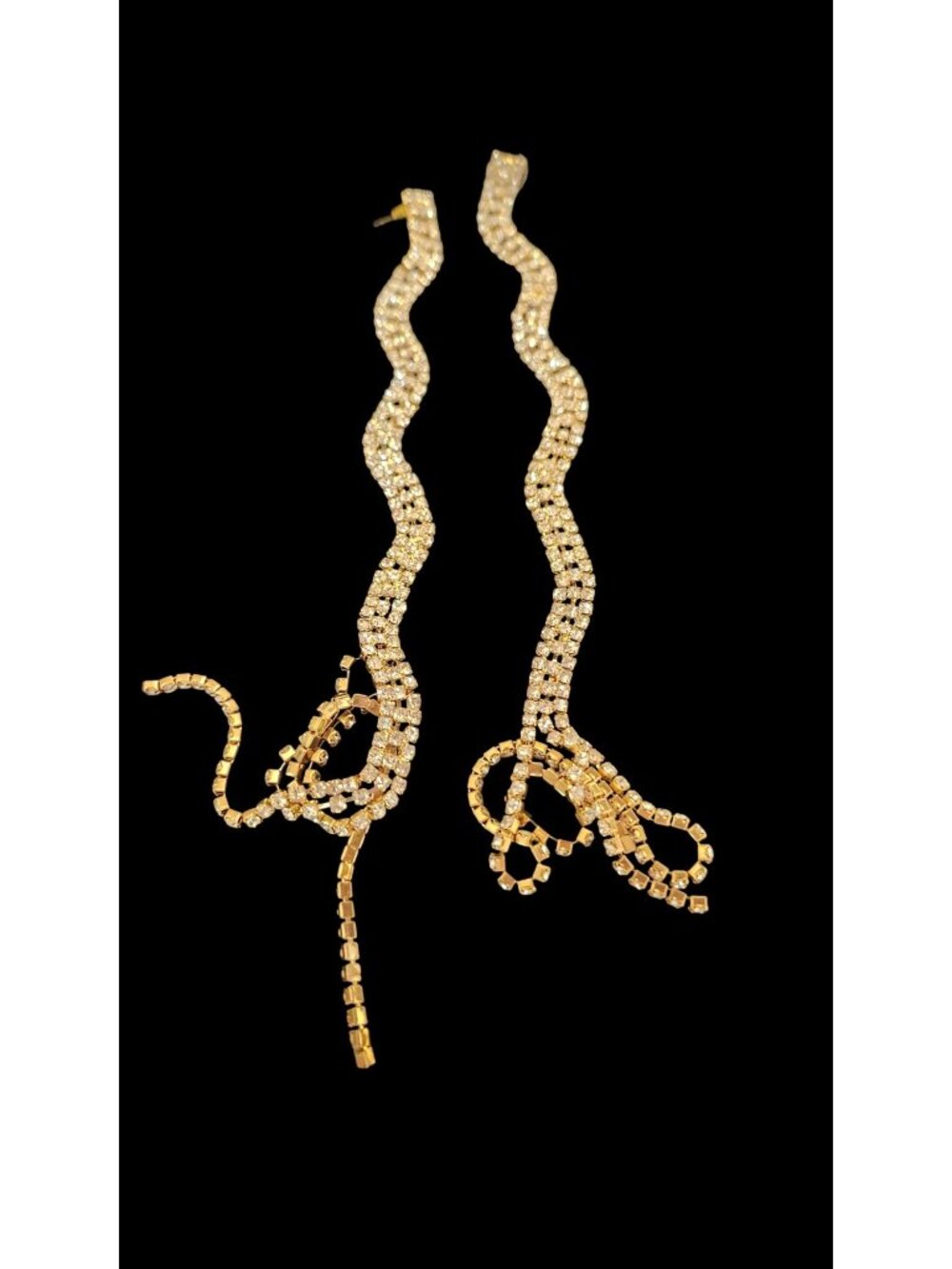 Vintage 9.5-Inch Gold Tone Rhinestone Shoulder Duster Earrings With Serpentine D